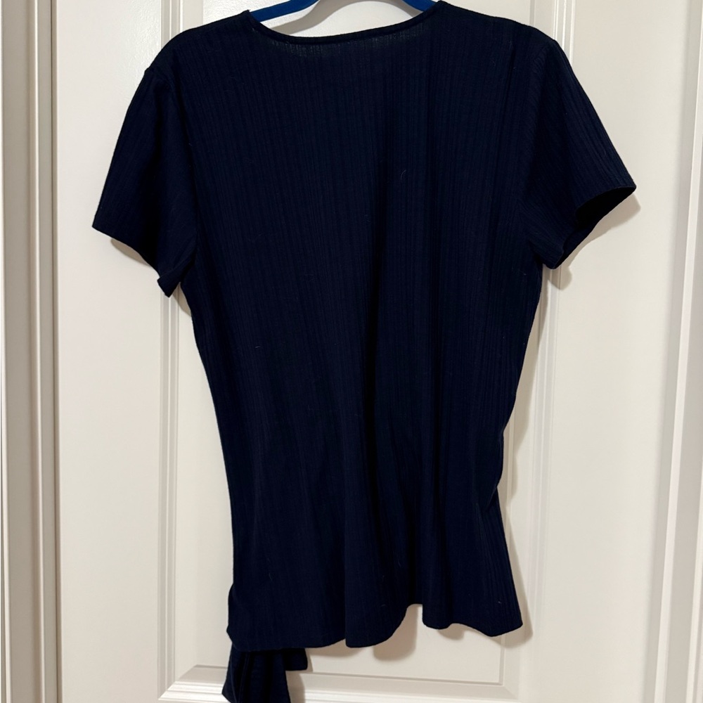 LOFT Navy Blue Short Sleeve Wrap Blouse - Picture 3 of 5